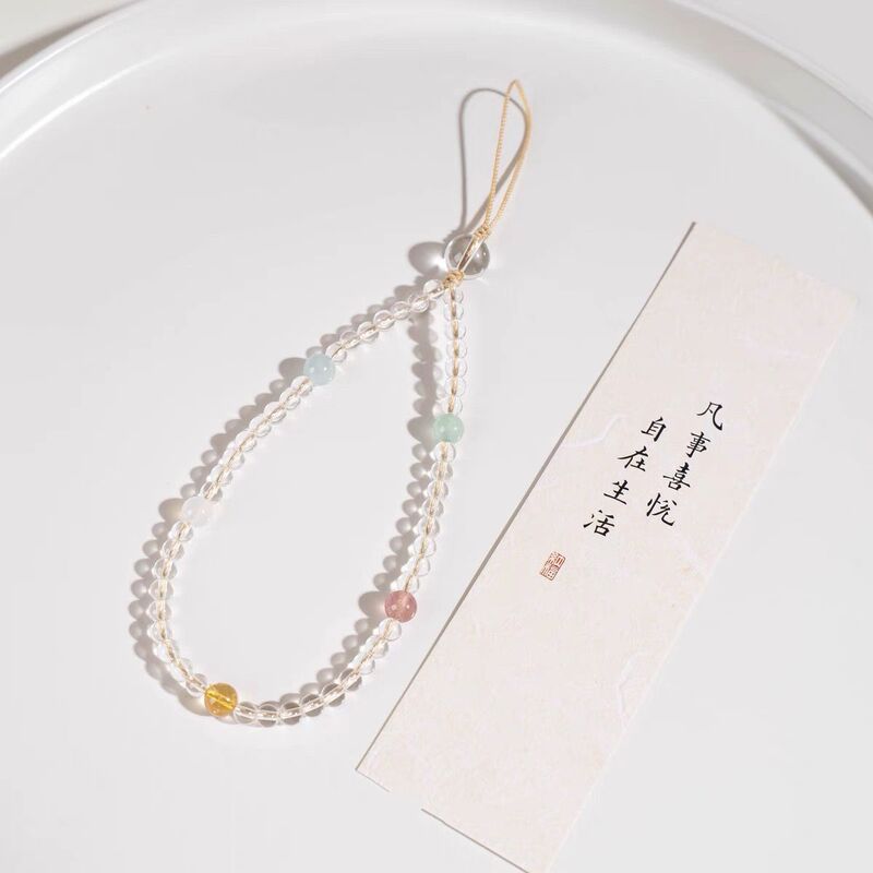 New Five-Element Symbiotic Imitation White Glass Phone Chain, Anti-Drop Wrist Strap, Long Rope, Gift for Girlfriend, Accessory