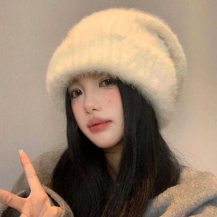 冬季帽子女韩版纯色显脸小兔毛毛线帽加厚加绒保暖护耳堆堆针织帽|undefined