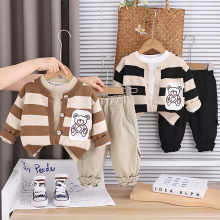 3460童装秋季男宝宝条纹毛衣开衫套装洋气儿童新款男童长袖三件套