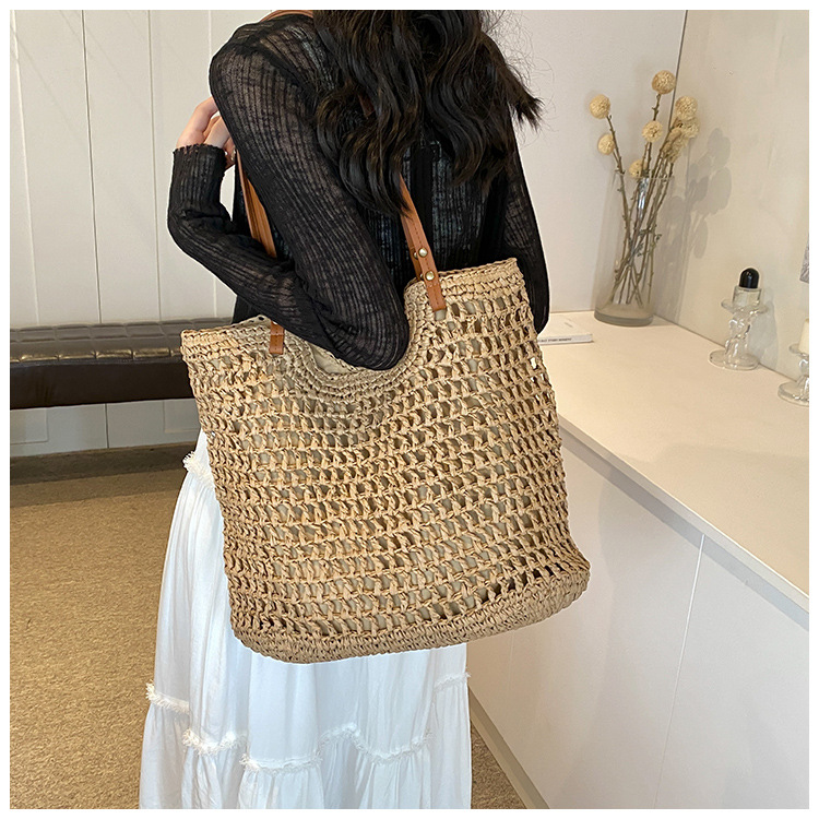 Seaside vacation 2024 new summer grass commuting tote bar large capacity handmade woven bag_voghion.com
