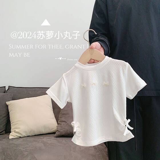 2024 summer 0-3 years old girl children baby girl Korean style bow breathable short sleeve T-shirt top