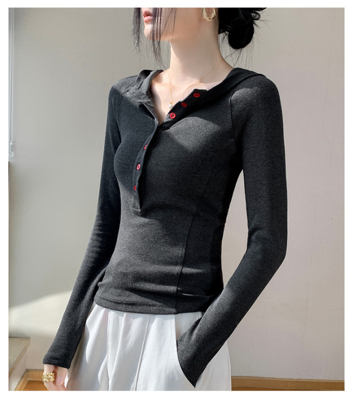 纯欲风连帽显瘦长袖T恤女2025年早秋季新款法式气质修身排扣上衣|undefined