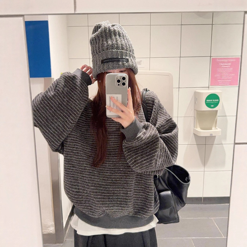 亚马逊跨境设计感圆领条纹长袖套头卫衣女秋百搭宽松显瘦休闲上衣|undefined