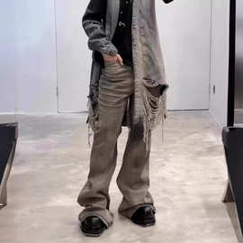 Ro风做旧沙漠色水洗喇叭阔腿显瘦堆积拖地压皱猫须废土牛仔裤男女