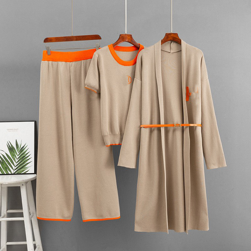 Cross-Border Casual Woolen Suit for Women in Autumn and Winter Round Neck Short Sleeves + Long Cardigan + Casual Wide-Leg Pants Three-Piece Set for Trendy Women