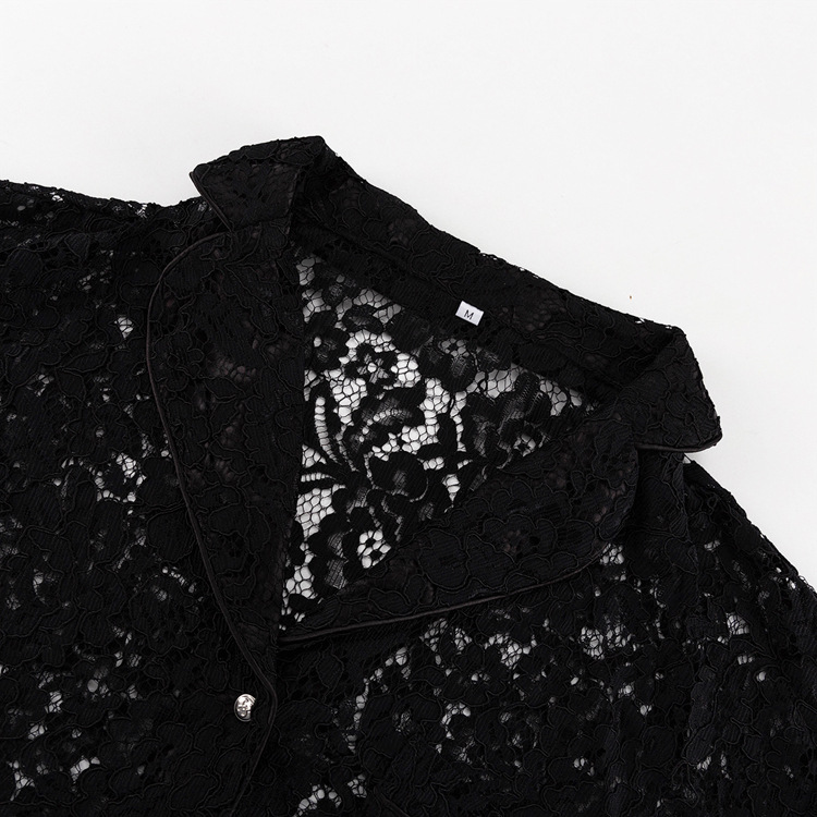 Lace See Through Two Piece Set Women Sexy Sexy Polo Collar Shirt Trousers Suit