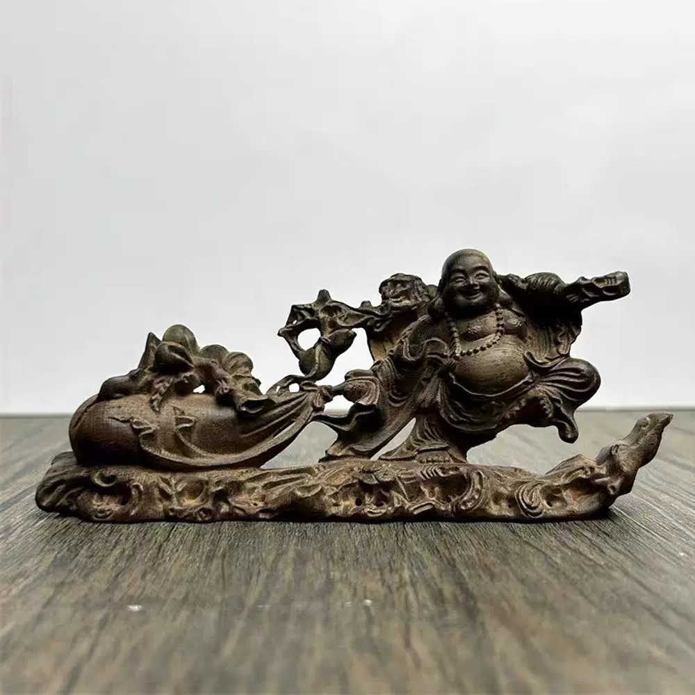 沉香木雕拖布袋弥勒佛像实木摆件客厅办公室装饰品开业送礼工艺品