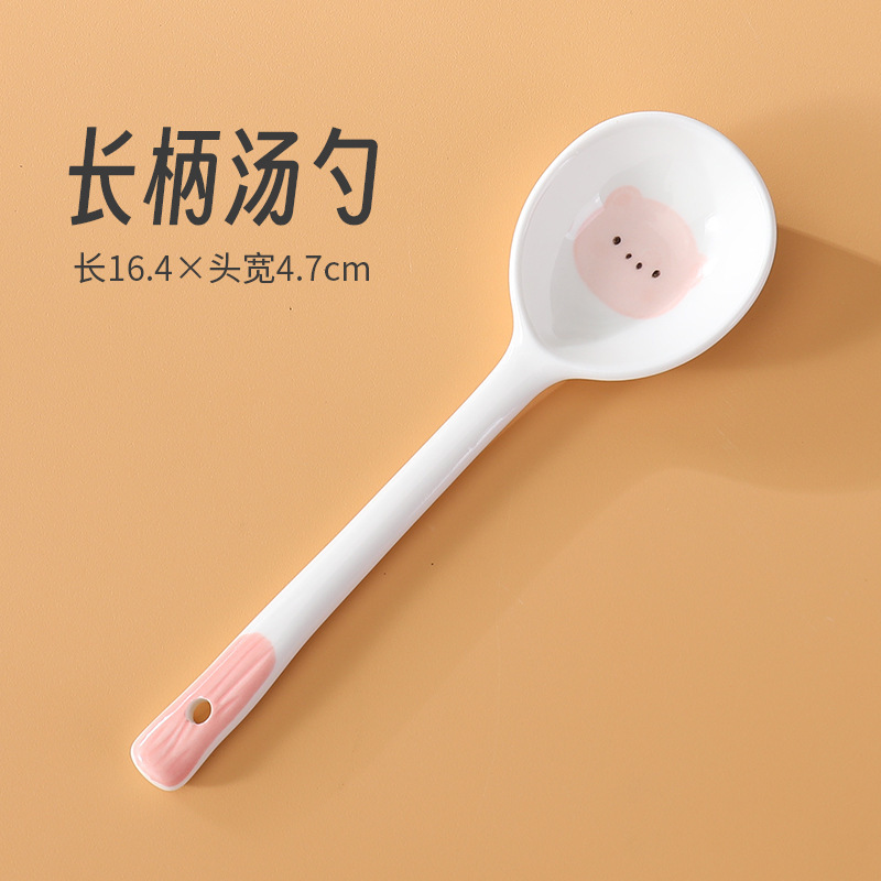 日本式の長い柄の陶磁器のスプーンの手描きの釉薬の下で色のネットの赤いスプーンの漫画のかわいいデザートのスプーン|undefined