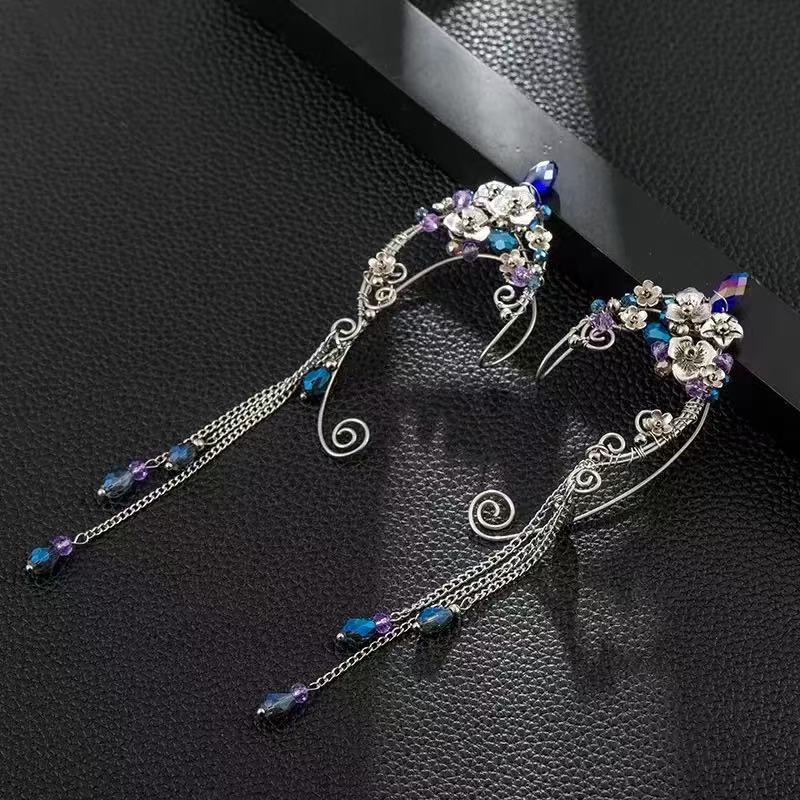 2023 European and American Cross-Border Pierced Ear Clip Elf Earrings Handmade Ear Hanging Amazon Long Tassel Earrings for Women