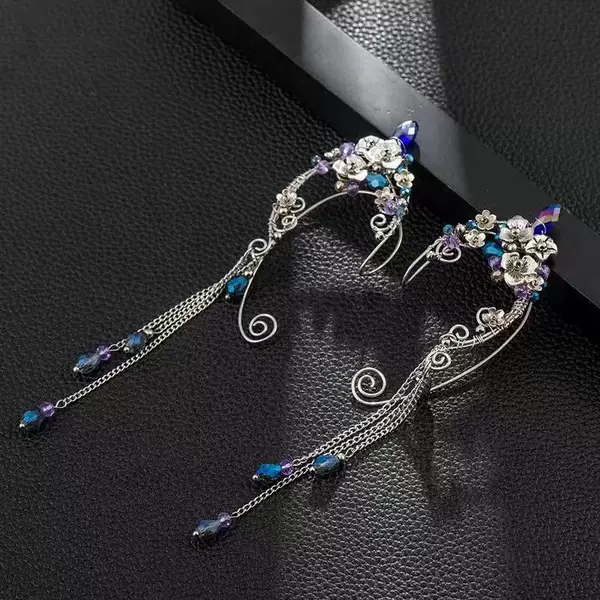 2023 European and American Cross-Border Pierced Ear Clip Elf Earrings Handmade Ear Hanging Amazon Long Tassel Earrings for Women