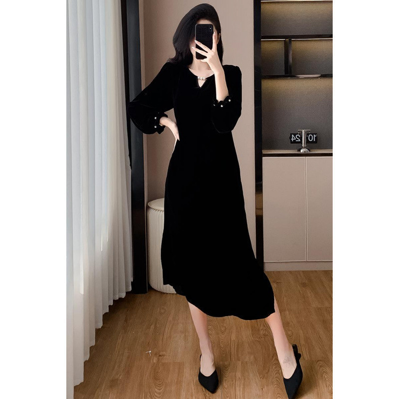 2026 Cross-Border Elegant Velvet Dress for Women, 2026 Autumn/Winter Light Luxury Slimming Hepburn Style Black Long Dress 2026 Cross-Border Elegant Velvet Dress for Women, 2026 Autumn/Winter Light Luxury Slimming Hepburn Style Black Long Dress
