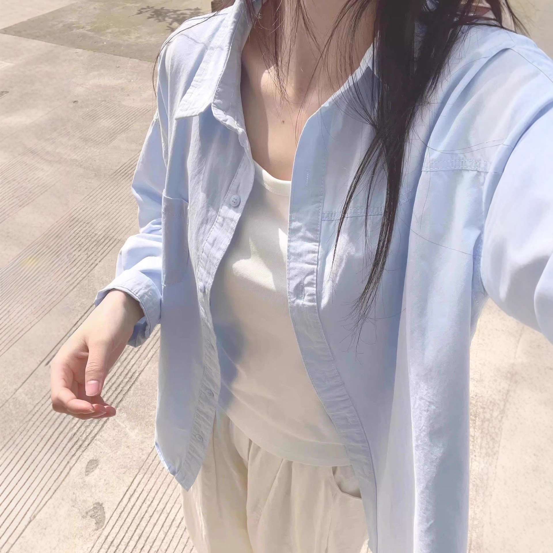 Pure Cotton Blue Shirt for Women Spring & Fall 2025 New Style Lapel Inner Long-Sleeved Shirt Outer Wear Korean Style Top for Small People