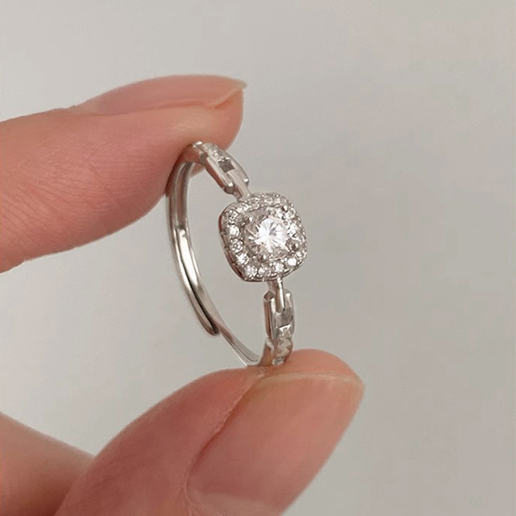 s925纯银锆石方钻链条戒指女ins小众设计轻奢高级感气质闪钻指环