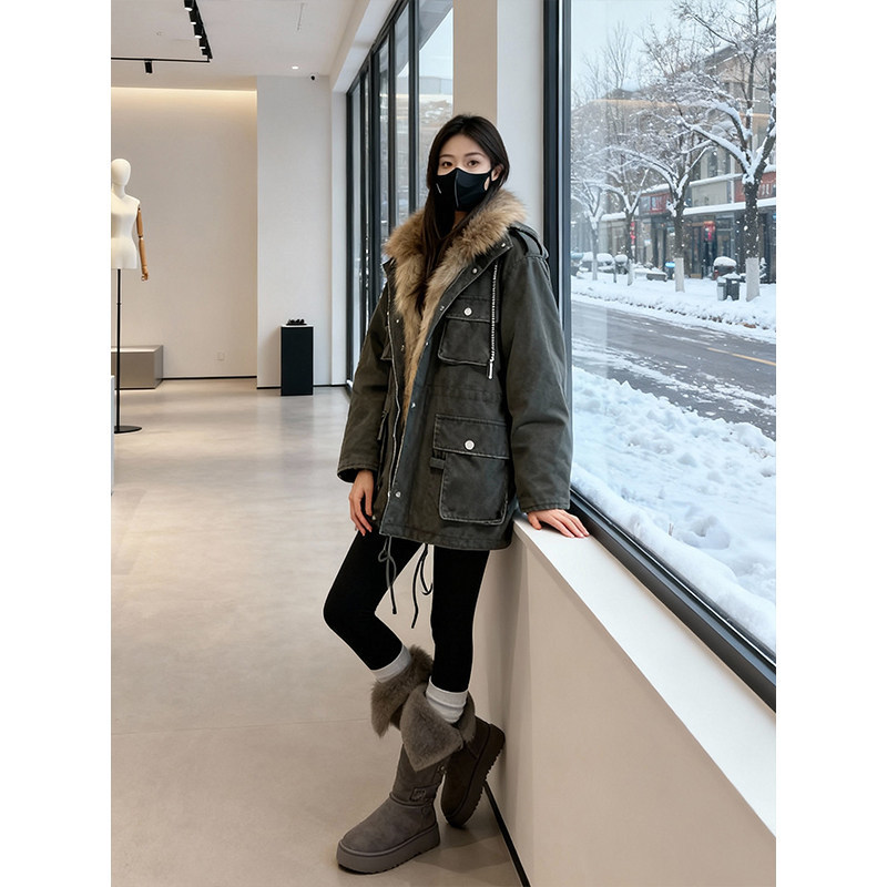 2026 Early Spring New Korean Style Stand-Collar Cotton Jacket with Eco-Friendly Faux Fur, Thickened Mid-Length Denim Coat, Loose Fit