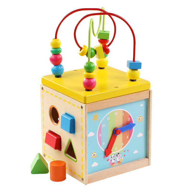 Caja de juguetes multifuncional con cuentas 5 en 1 mini forma cognitiva caja de tesoros de madera para niños bebés y niños pequeños