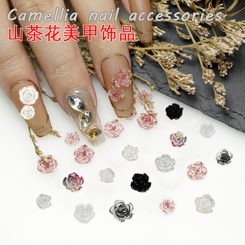 Transparent Aurora Camellia Nail Jewelry Black Rose Small White Pearlescent Explosions Nail Decoration Wholesale