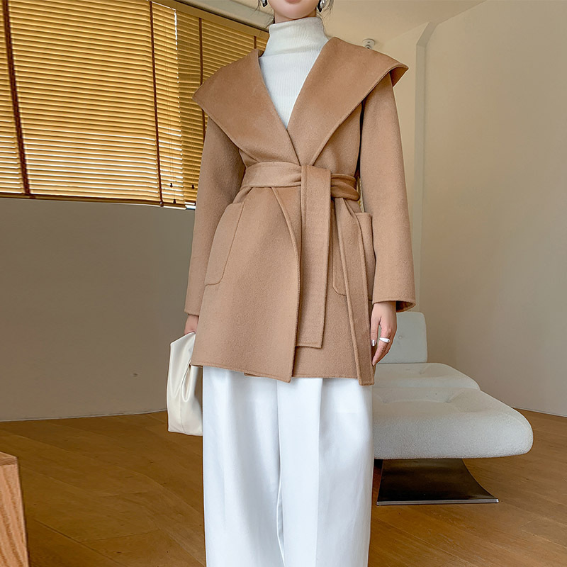 Autumn and Winter New Hooded Design Pure Wool Double-Sided Tweed Coat Classic Solid Color Soft and Comfortable Age-Reducing Cardigan