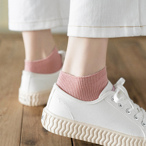 Socks for women in spring and summer, thin candy-colored double-needle socks, solid color vertical striped women's boat socks, Japanese low-top cotton socks wholesale