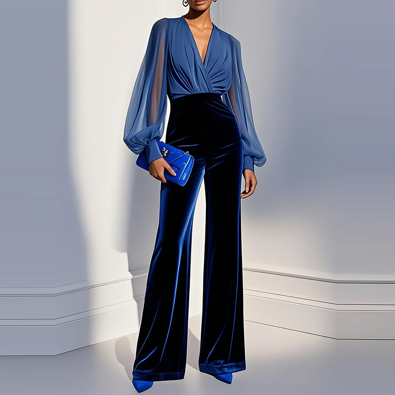 Amazon Cross-Border 2025 Autumn European and American Foreign Trade New Women's Fashion Elegant Waist-Cinching Wide-Leg Jumpsuit for Women