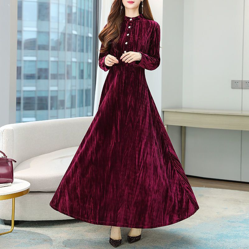 Autumn and Winter Long-Sleeved Gold Velvet Dress Women's Long Ankle-Length 2021 New Spring Elegant Maxi Skirt
