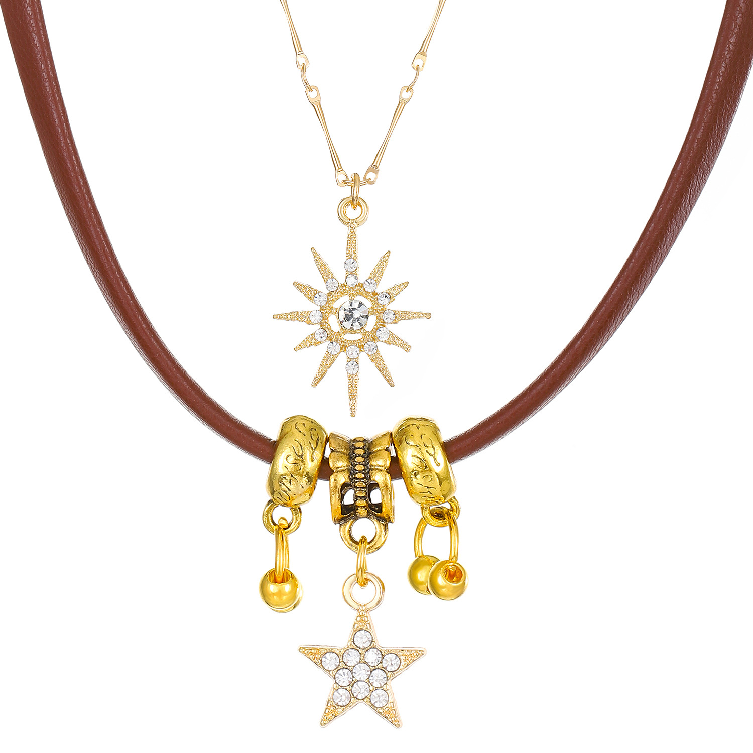 Collar de doble capa de cuero retro americano de estilo dulce y picante para mujer ins nicho gargantilla de alto grado pulsera marrón joyería