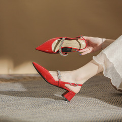 55803 [Sheepskin] Pointed Toe High Heels Women's 2024 New Versatile Baotou Thick Heel Rhinestone Mary Jane Shoes