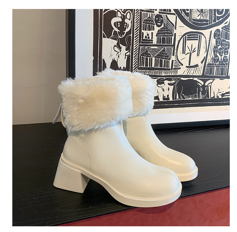 Women’s White Ankle Boots With Velvet Lining And Block Heels_voghion.com