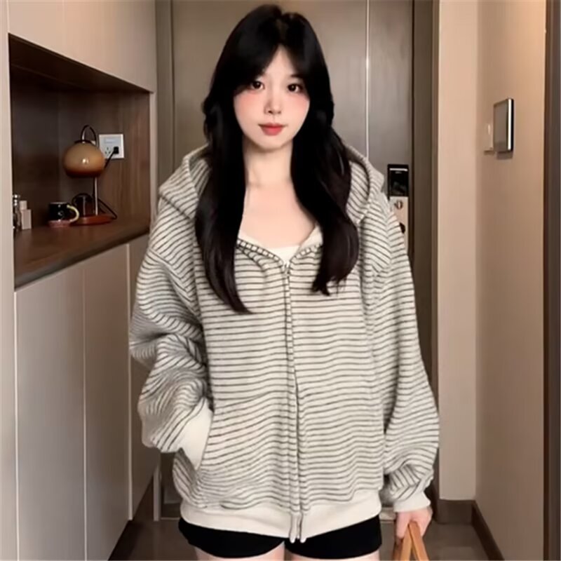 Retro Old Money Style Stripesd Cardigan Sweatshirt for Men and Women Autumn Casual Lazy Style Hooded Jacket American Sports Couple