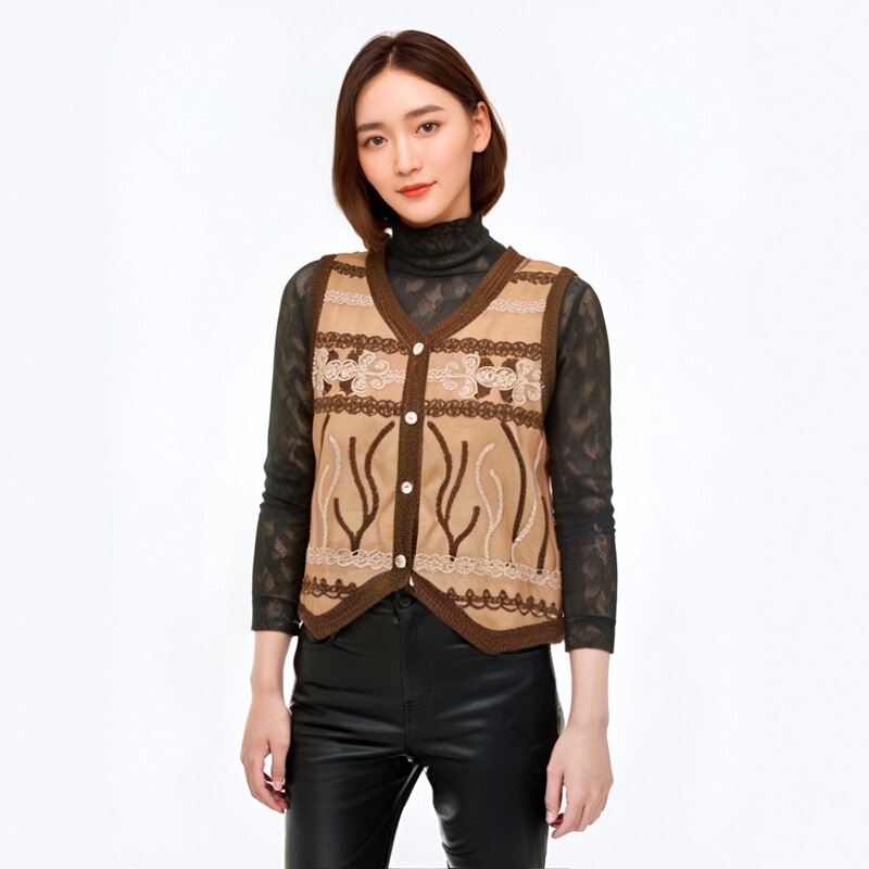 Spring and Autumn PU Leather Vest Western Regions Ethnic Denim Style Short Fried Street Niche Retro Heavy Industry Embroidered Vest Top