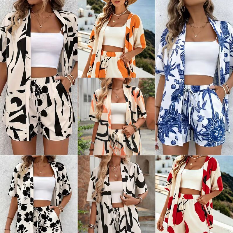 Vacation-Style Geometric Print Short Set, Featuring a Front-Open Short-Sleeve Cover-Up and Loose Shorts with a Tie Waist, Perfect for Spring and Summer