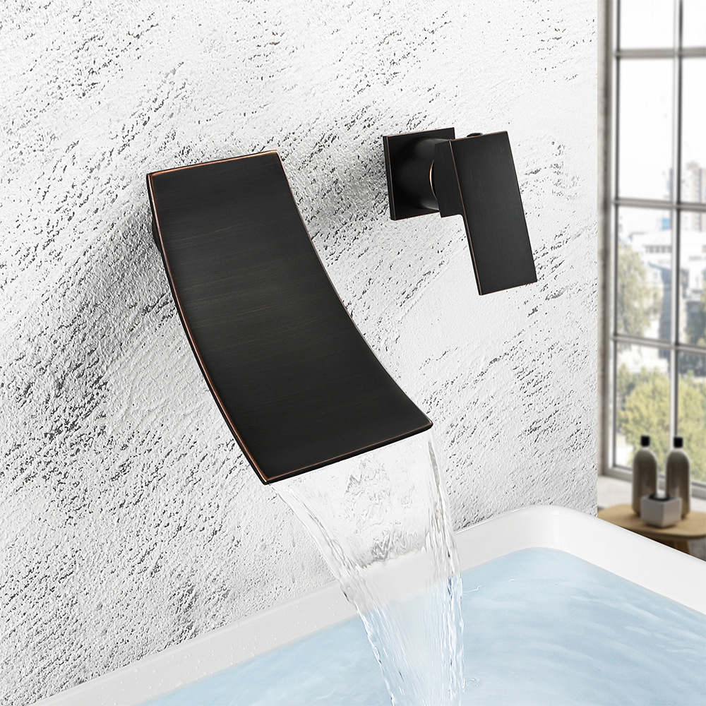 Cross-border brass washbasin faucet waterfall water outlet single, cold and hot mixed water is concealed in the wall-mounted bathroom countertop basin undefined