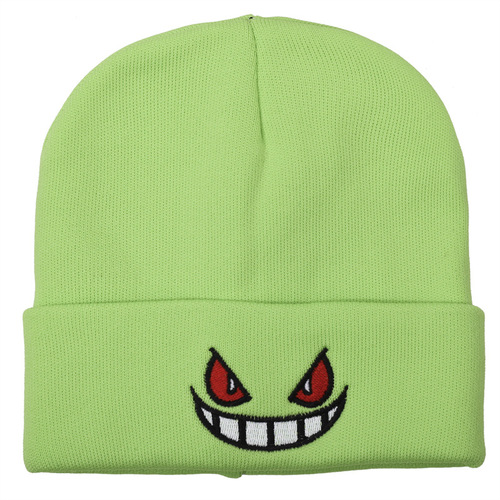 Euro-American Cartoon Big-Mouth Red-Eye Embroidered Knitted Beanie, Warm-Keeping Pullover Hat for Autumn and Winter, Woolen Knit Cap
