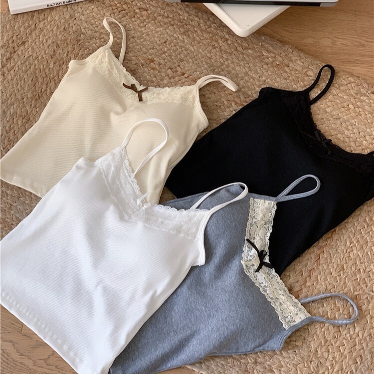 Trendy Hot Girl Lace Bowknot Camisole with Chest Pads, Seamless Tube Top, Outerwear, Short Crop Top
