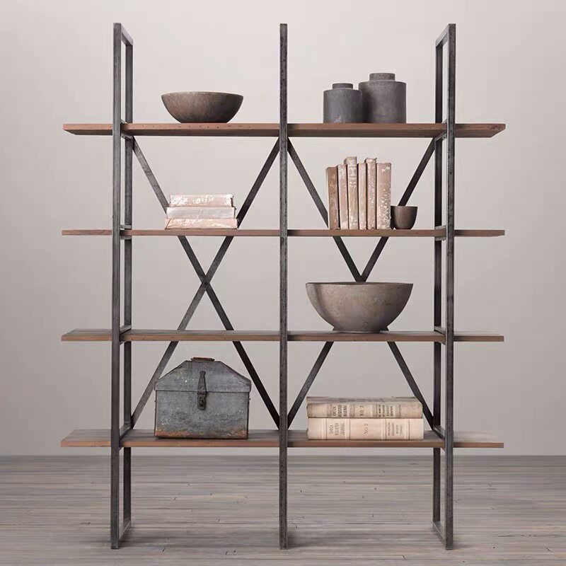 Estantes de almacenamiento multicapa de madera sólida retro estadounidenses estantes de estantería de sala de estar creativos de hierro forjado estantería de piso estantería de almacenamiento