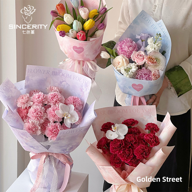 Melocotón de pensamiento de siete colores, impresión feliz, ramo de papel, material de embalaje, papel floral, papel de embalaje de florería de bricolaje