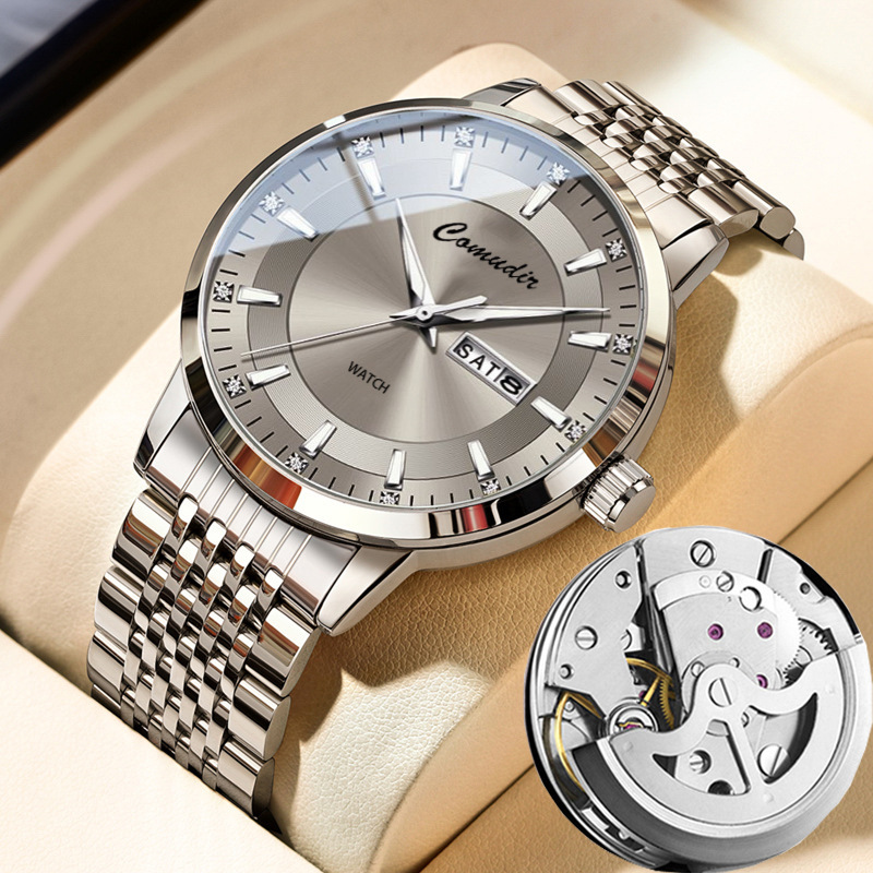 Fully Automatic Imitation Mechanical Watch Men's Watch Men's Hollow Steel Band Calendar Waterproof New Quartz Watch Douyin One Piece