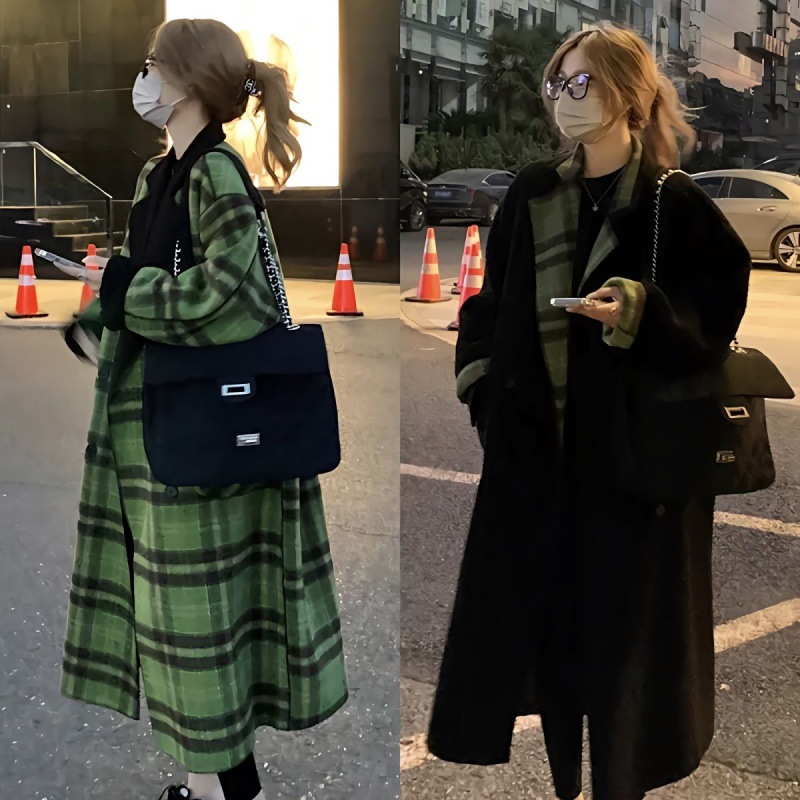 2023 autumn and winter new double-sided coat woolen coat women's retro plaid mid-length Korean college style coat