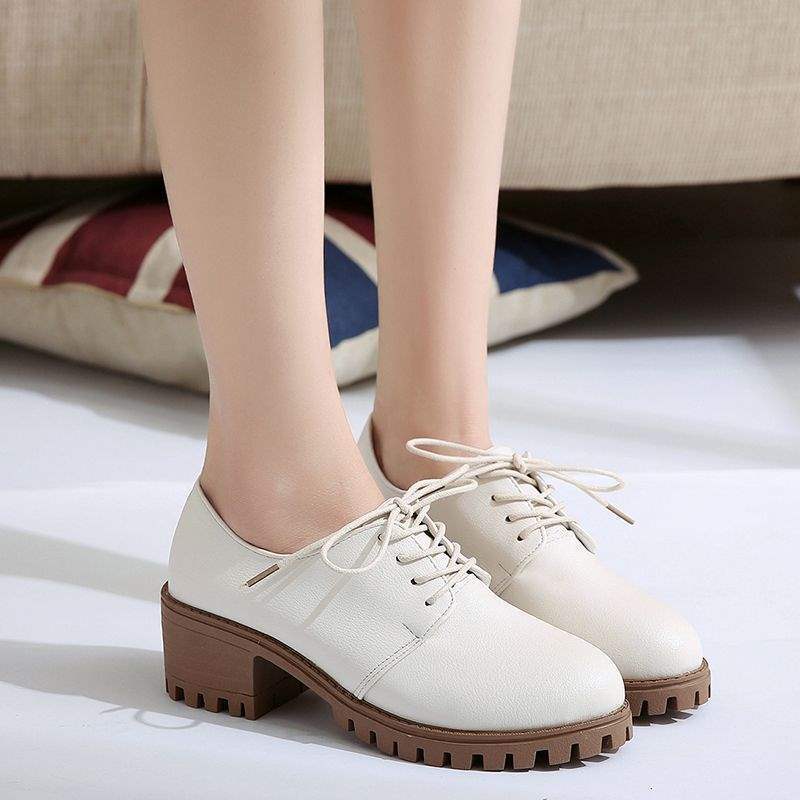 British Style Small Leather Shoes for Women Spring & Fall 2025 New High-Heeled Shoes for Women Thick Heel Round Toe Lace-Up Waterproof Platform Oxford Shoes