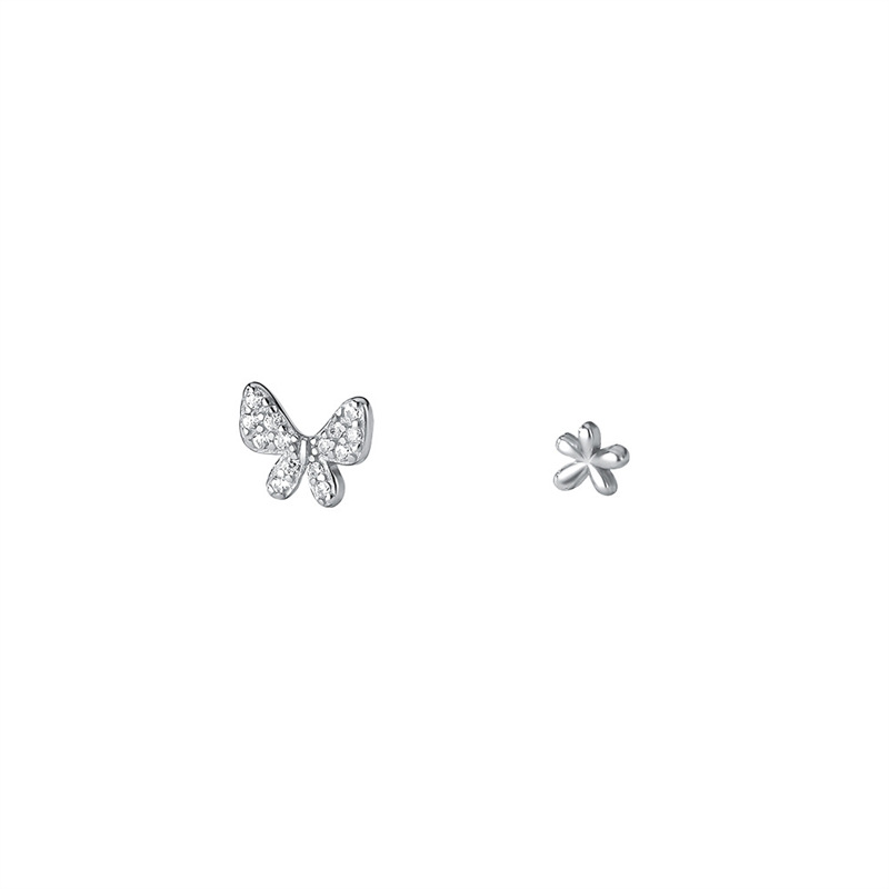 Bow Flower Stud Earrings In Pure Silver Asymmetrical Design_voghion.com
