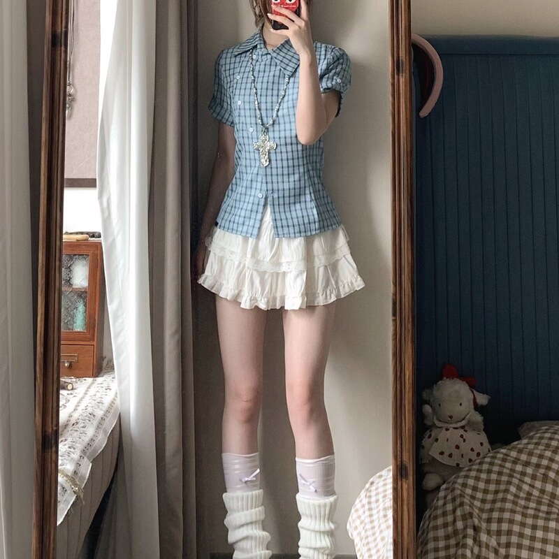美式复古辣妹风蓝色格子短袖衬衫女夏季2025新款修身显瘦衬衣上衣|undefined