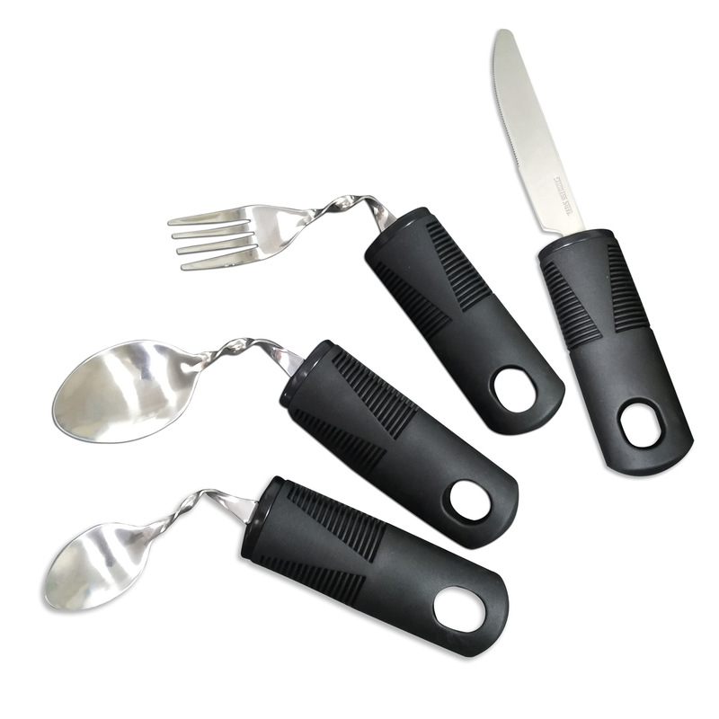 Cross-border Stainless Steel Rubber Handle Anti-shake Self-adaptive Folding and Bending Elderly Food Aid Rehabilitation Tableware Knife, Fork and Spoon suit