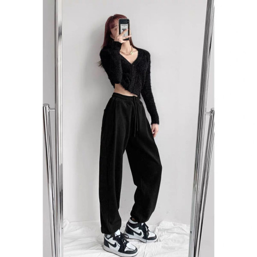 Women's Autumn/Winter New Arrival Light Gray Sport Pants High-Waisted Fleece Ankle Pants Versatile Casual Ins Trend Wide Leg Pants