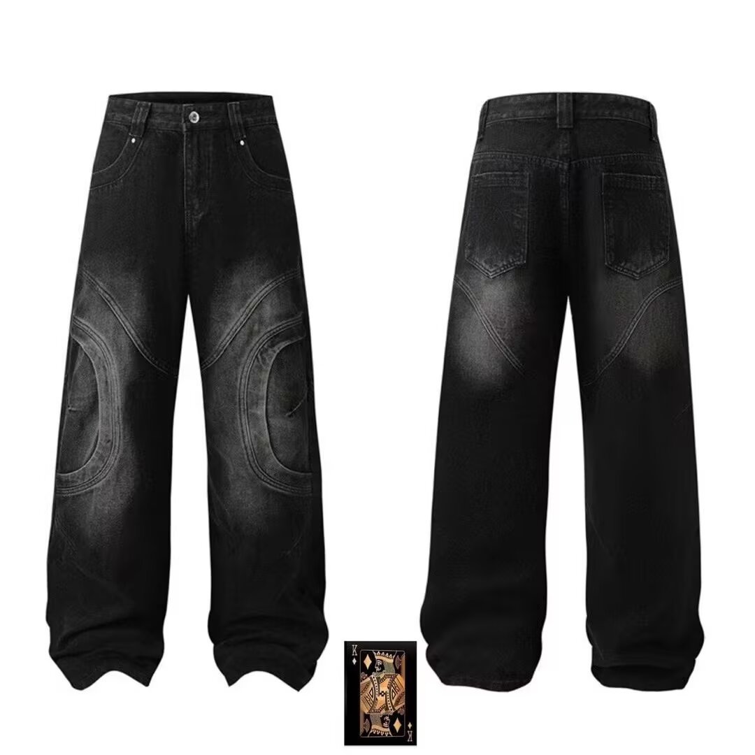 Men Women Curved Hem Jeans Loose Straight Leg Pants Trendy Casual Versatile Autumn Street Style Creative Design_mkmklike.com
