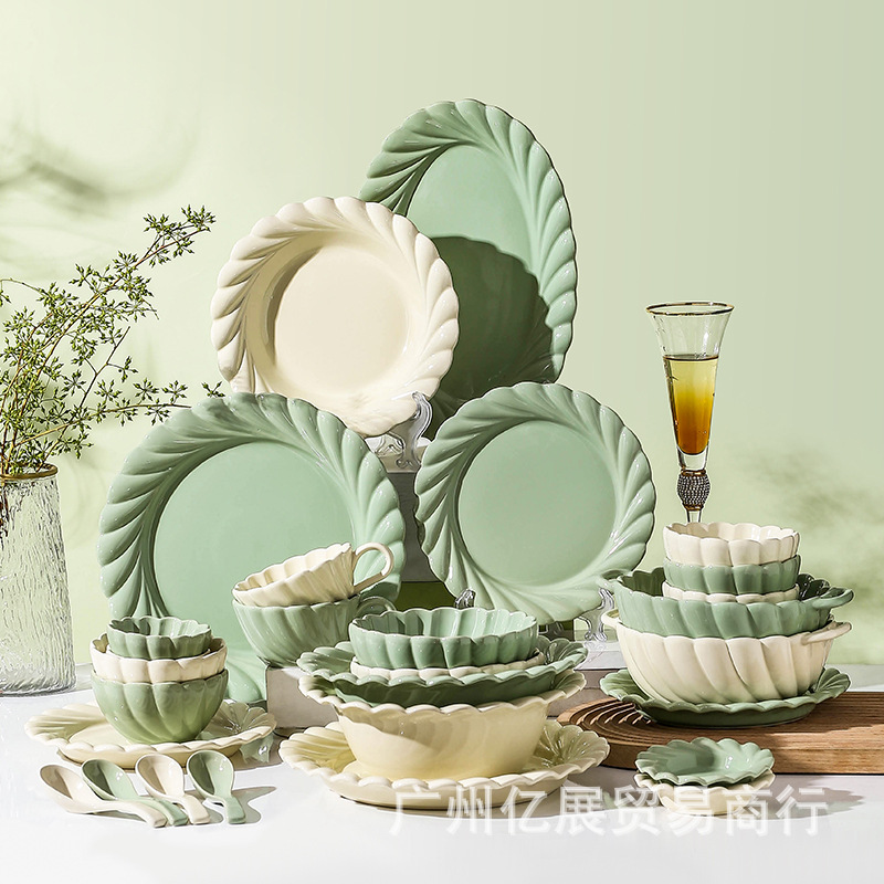 初春系列家用陶瓷饭碗深盘鱼盘饺子盘陶瓷餐具碗碟套装汤碗鱼盘