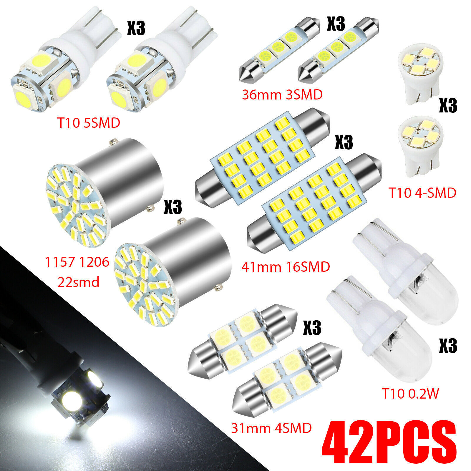 汽车LED组合套装 42PCS T10示宽灯 双尖阅读灯 牌照灯室内车门灯