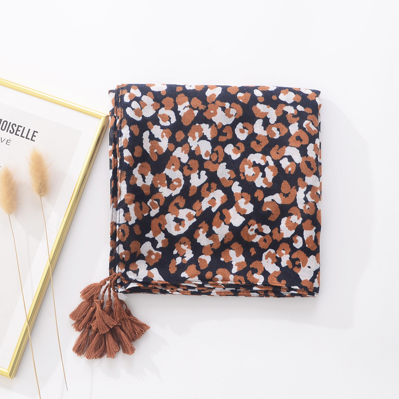 Retro artística fotografía de viajes cóncavo convexo chal naranja leopardo estampado algodón y lino sensación borla bufanda de las mujeres