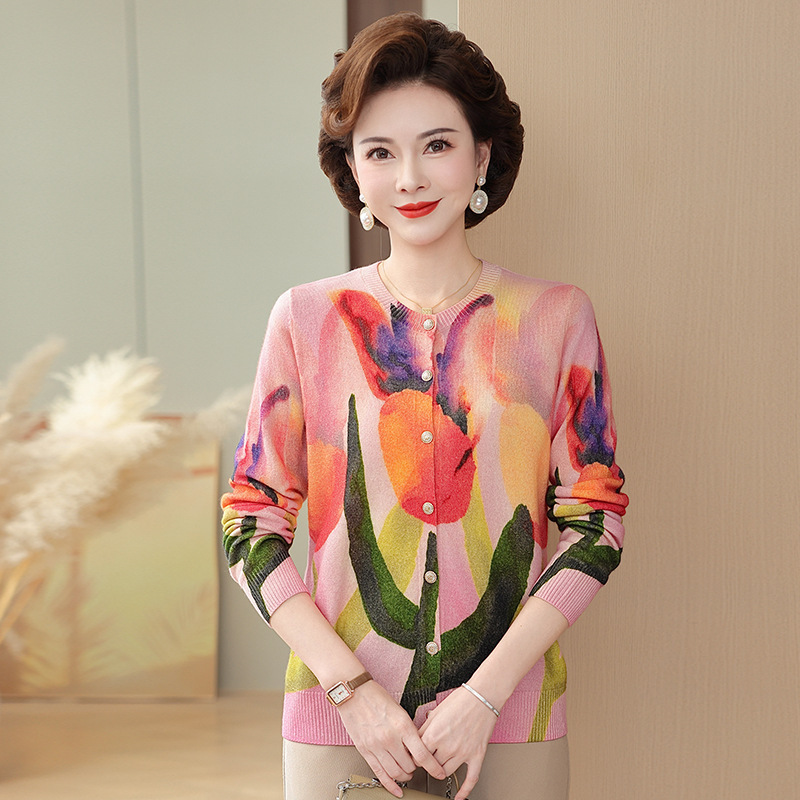 2025秋新款数码印花T恤时尚洋气羊毛针织衫毛衣宽松妈妈装100%，女装针织衫/毛衣，妃慕昵服饰