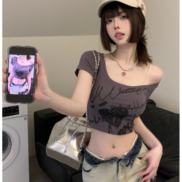 Summer Shoulder Print Crop T-Shirt Women's American Style Hot Girl Tight Short Shoulder Short Sleeve Clavicle Pure Desire Top