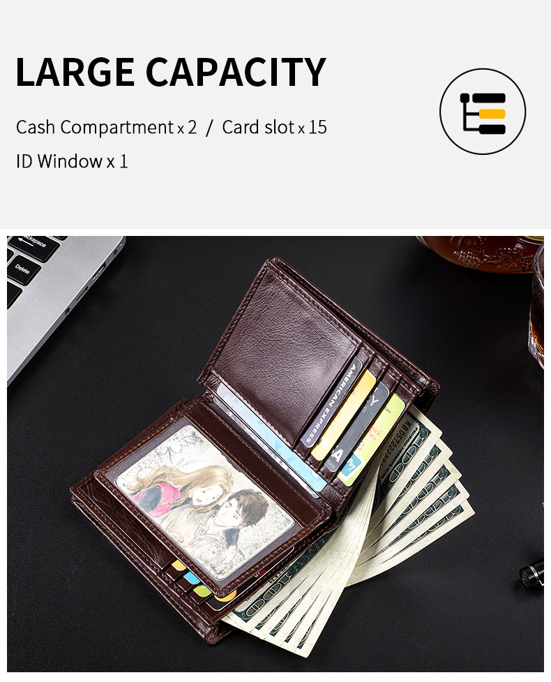 Ví da nam gập mini chống RFID da bò thật — Màu cà phê, Màu đen, Màu cà phê (có hộp quà), Màu đen (có hộp quà) chi tiết 17