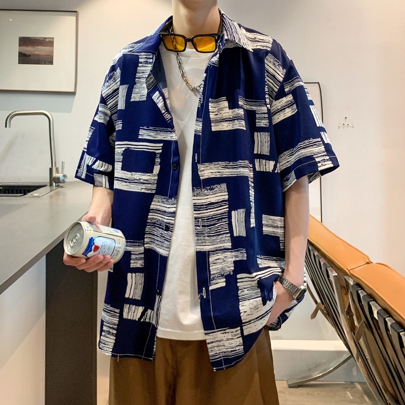 Plaid Printed Short-Sleeved Shirt for Men in Summer, High-End and Handsome Half-Sleeved Shirt, Large Size Loose Ice Silk Thin Jacket